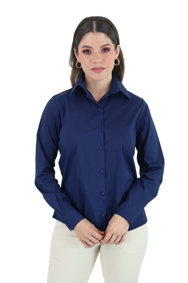 Blusas Manga Larga Color Azul Marino Stretch Para Mujer